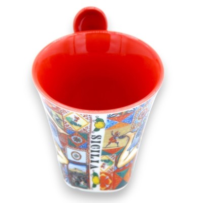 Keramikkopp med sked - h 7 x l 9 cm ca. - Trinacria-tryck och siciliansk majolika, kartong medföljer - 