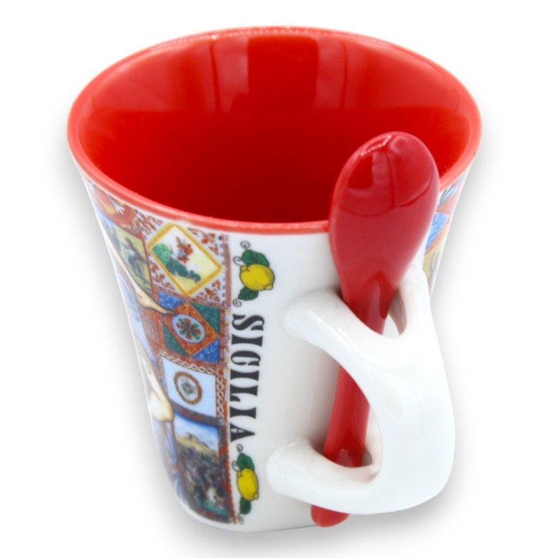 Taza de cerámica con cuchara - h 7 x l 9 cm aprox. - Estampado Trinacria y mayólica siciliana, caja incluida. - 