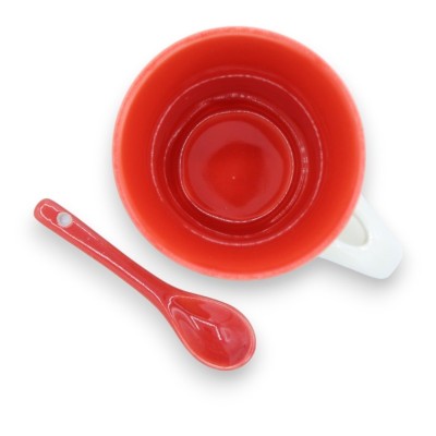 Ceramic cup with spoon - h 7 x w 9 cm approx. - Trinacria and Sicilian majolica print, box included - 