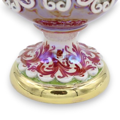 Oeuf en céramique Caltagirone de style Fabergè, h30 cm environ. - avec reliefs en émail or pur 24 carats, Bordeaux - 