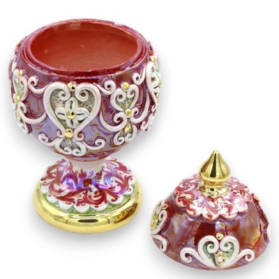 Ei in Caltagirone-keramiek in Fabergè-stijl, h30 cm ca. - met reliëfs in 24k puur goud emaille, Bordeaux - 