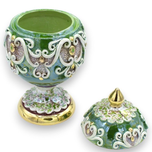 Oeuf en céramique Caltagirone de style Fabergè, h30 cm environ. - avec reliefs en émail d'or pur 24 carats, vert -  2