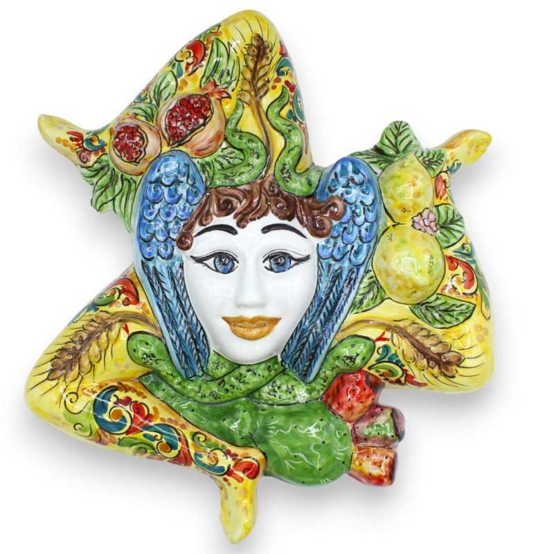 Trinacria in ceramica Caltagirone - h 40 cm ca. decorato con spighe e frutta mista - 