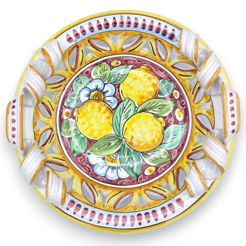 Perforierter Tafelaufsatz aus Caltagirone-Keramik, Torchon-Griffe, 2 Größenoptionen (1 Stück), Zitronen und Blumen, burg