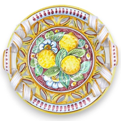 Caltagirone keramiskt perforerat mittstycke, torchon handtag, 2 storleksalternativ (1st) citroner och blommor, vinröd ba