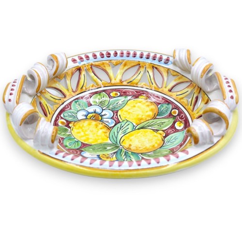 Perforierter Tafelaufsatz aus Caltagirone-Keramik, Torchon-Griffe, 2 Größenoptionen (1 Stück), Zitronen und Blumen, burg 2