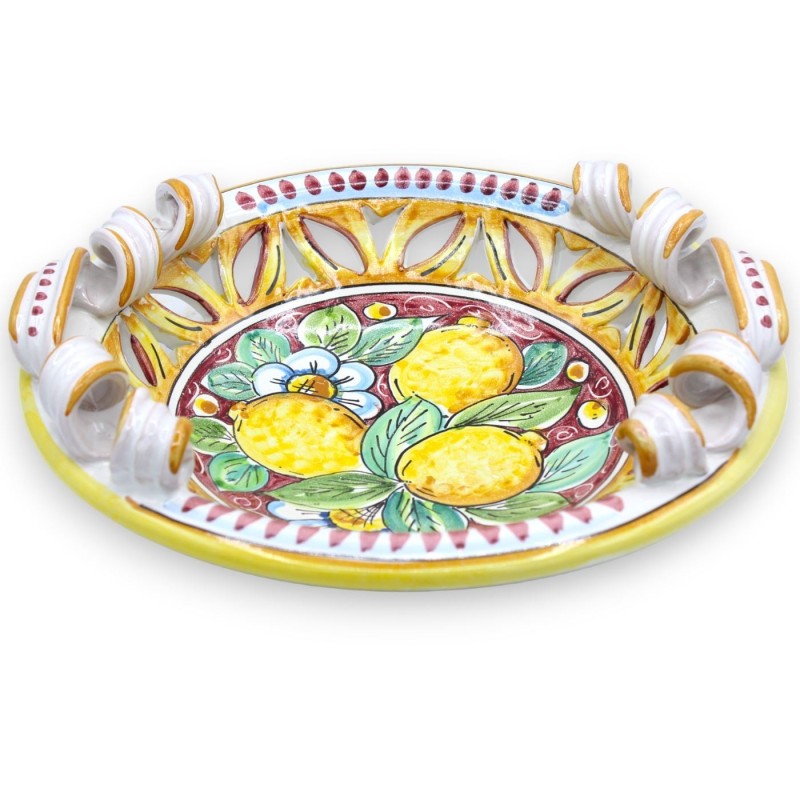 Caltagirone keramisch geperforeerd middenstuk, torchon handvatten, 2 maatopties (1pc) citroenen en bloemen, bordeauxrode