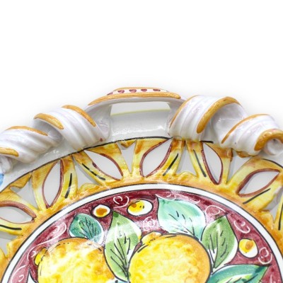 Caltagirone keramiskt perforerat mittstycke, torchon handtag, 2 storleksalternativ (1st) citroner och blommor, vinröd ba