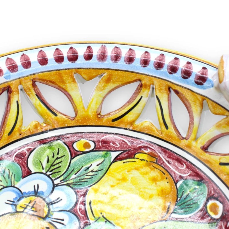 Caltagirone ceramic perforated centrepiece, torchon handles, 2 size options (1pc) lemons and flowers, burgundy backgroun