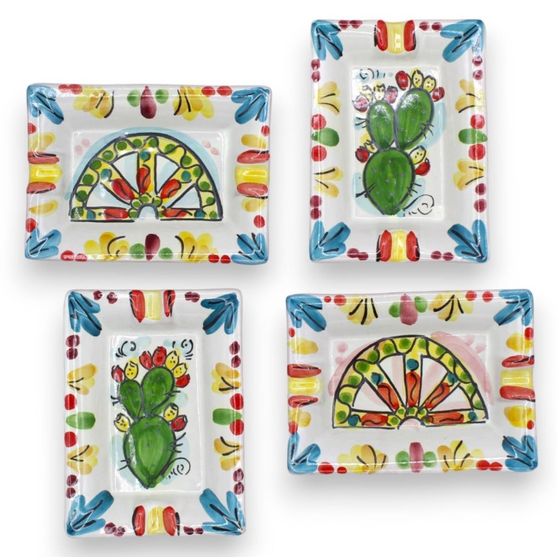 Rechteckiger, abgeschrägter Aschenbecher aus Caltagirone-Keramik – L 12 cm x 8 cm (1 Stück), zufällige Dekoration und Fa