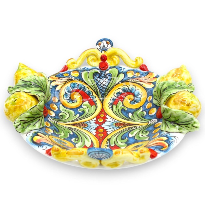 Peça central de cerâmica Caltagirone - Ø 30 cm e h 10 cm aprox. decoração barroca e floral com limões em relevo - 