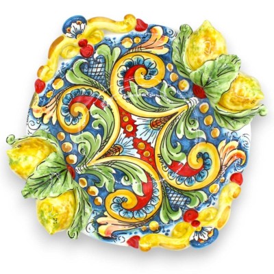 Peça central de cerâmica Caltagirone - Ø 30 cm e h 10 cm aprox. decoração barroca e floral com limões em relevo - 