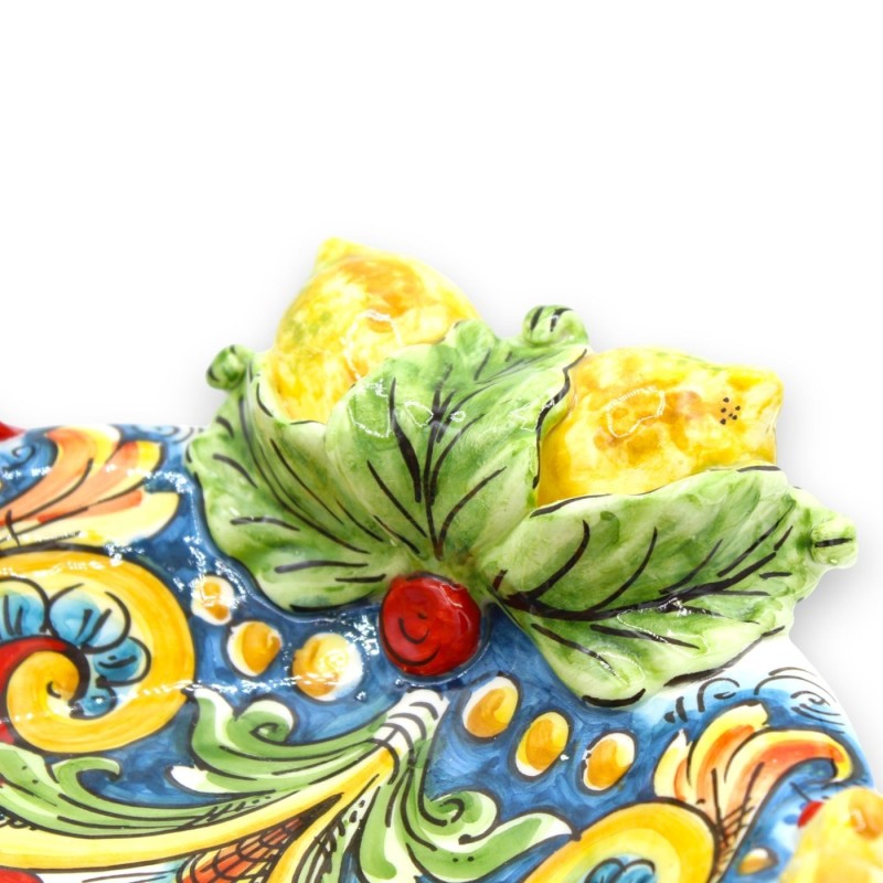 Peça central de cerâmica Caltagirone - Ø 30 cm e h 10 cm aprox. decoração barroca e floral com limões em relevo - 