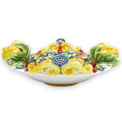 Peça central de cerâmica Caltagirone - Ø 30 cm e h 10 cm aprox. decoração barroca e floral com limões em relevo - 