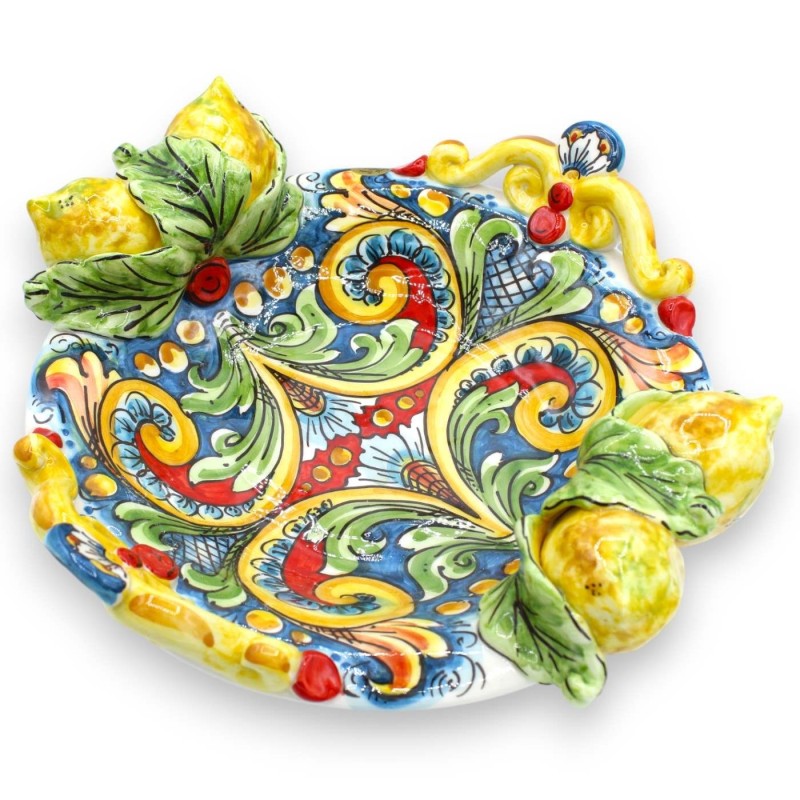 Peça central de cerâmica Caltagirone - Ø 30 cm e h 10 cm aprox. decoração barroca e floral com limões em relevo - 