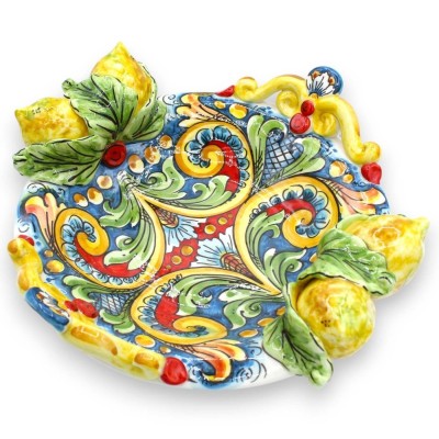 Peça central de cerâmica Caltagirone - Ø 30 cm e h 10 cm aprox. decoração barroca e floral com limões em relevo - 