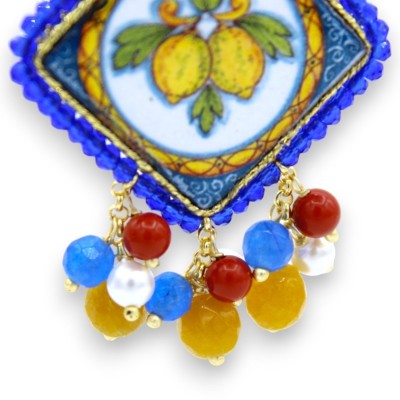 Pendientes de baldosas de piedra de lava, decoración de mayólica siciliana azul, h 7 cm - Perlas y piedras naturales, co