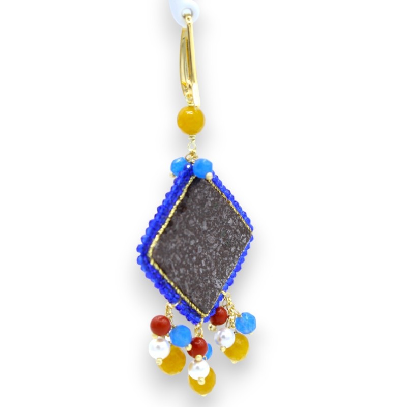 Lava stone tile earrings, blue Sicilian majolica decoration, h 7 cm - Pearls and natural stones, bamboo coral - 