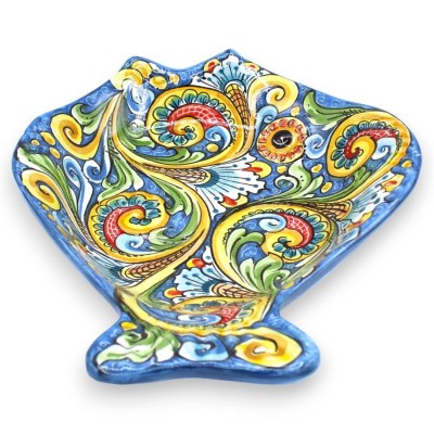 Flaches Fisch-Serviertablett aus Caltagirone-Keramik, L 40 x 30 cm ca. Mehrfarbige Barockdekoration, blauer Hintergrund 