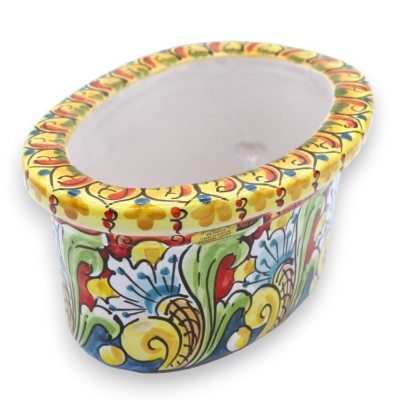 Oval vase box in Caltagirone ceramic - L 23 x 15 x 11 cm approx. multicolored baroque decoration - 