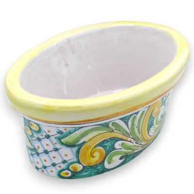 Oval vase box in Caltagirone ceramic - L 35 x 20 x 13 cm approx. baroque, sunflower and geometric decoration - 
