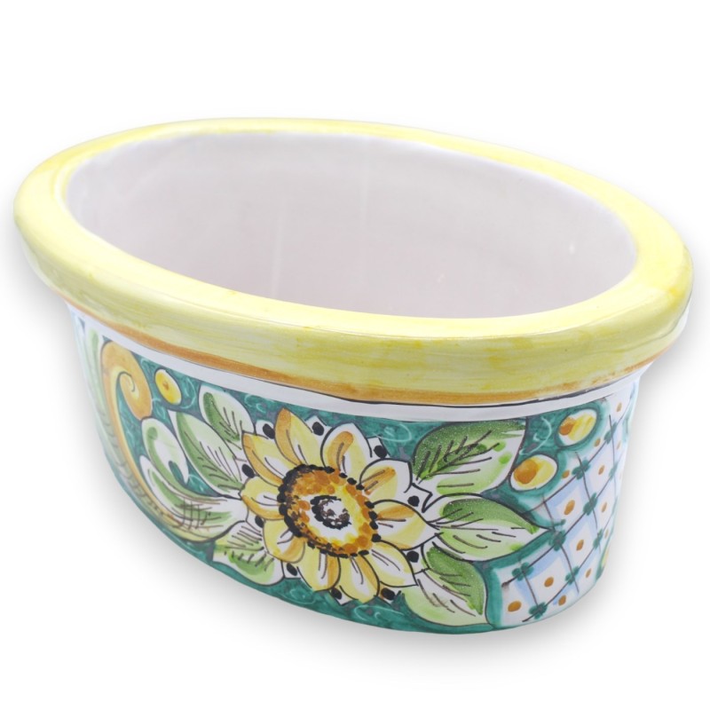 Boîte vase ovale en céramique de Caltagirone - L 35 x 20 x 13 cm environ. décoration baroque, tournesol et géométrique -