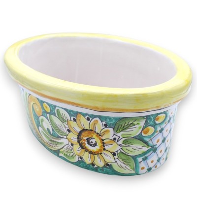 Oval vase box in Caltagirone ceramic - L 35 x 20 x 13 cm approx. baroque, sunflower and geometric decoration - 