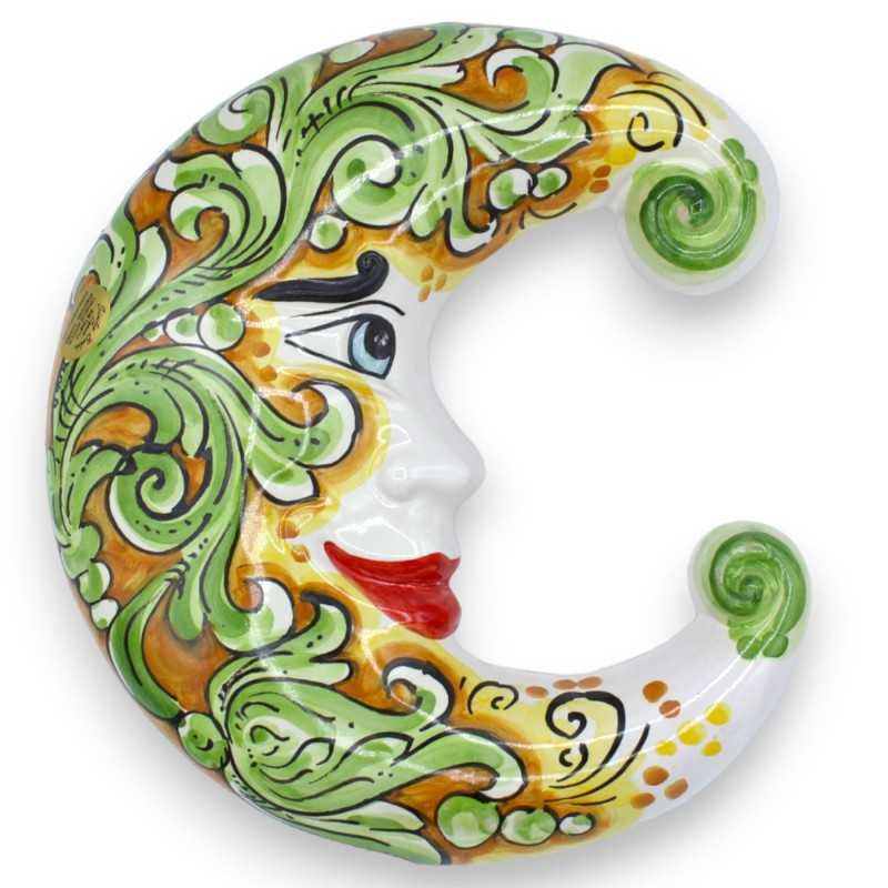Luna de cerámica Caltagirone - h 25 x 20 cm aprox. decoración barroca verde sobre un fondo naranja - 