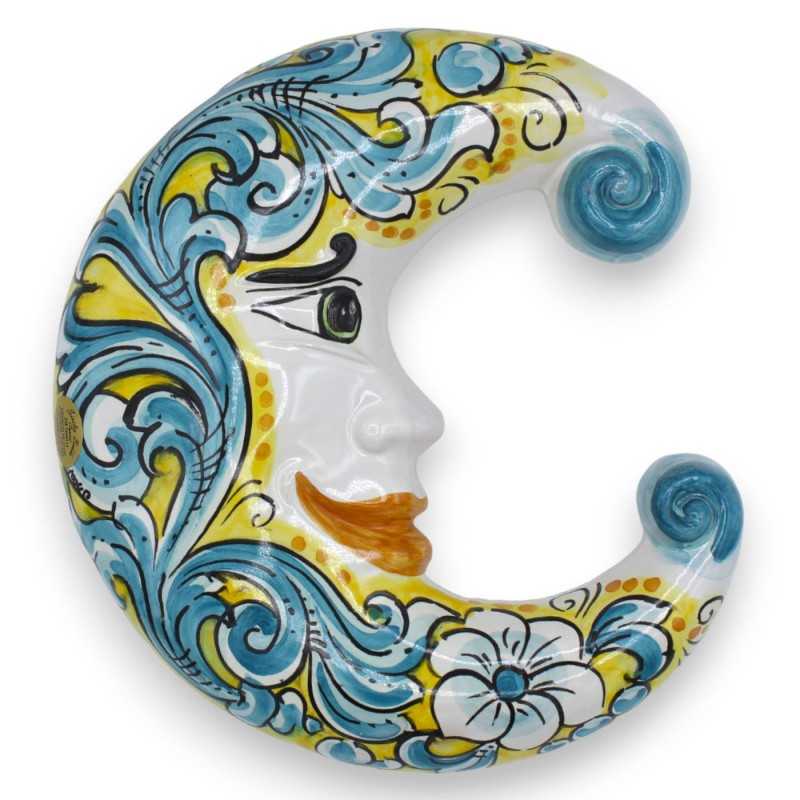 Lua cerâmica Caltagirone - h 25 x 20 cm aprox. decoração barroca turquesa sobre fundo amarelo - 