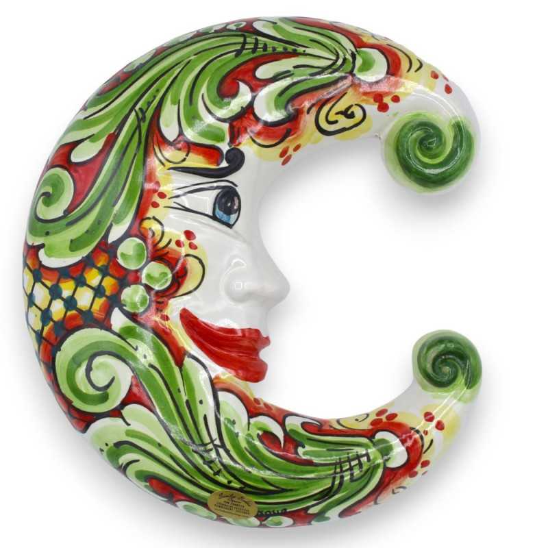 Luna de cerámica Caltagirone - h 25 x 20 cm aprox. decoración barroca verde sobre un fondo rojo - 