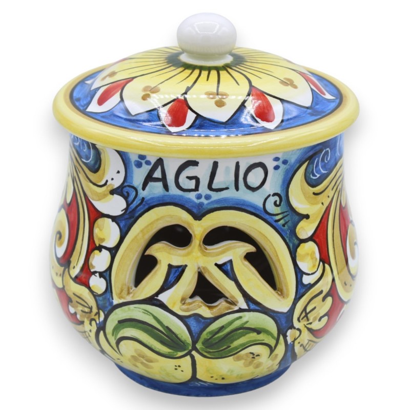 Caltagirone keramische knoflook- of uienhouder - h 18 en Ø 15 cm ca. veelkleurige barokke decoratie en citroenen - 