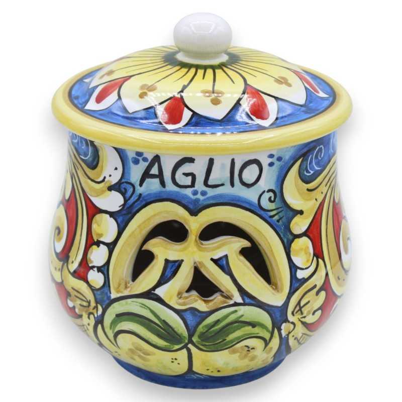 Porta Aglio o Cipolla in ceramica Caltagirone - h 18 e Ø 15 cm ca. decoro barocco multicolore e limoni - 