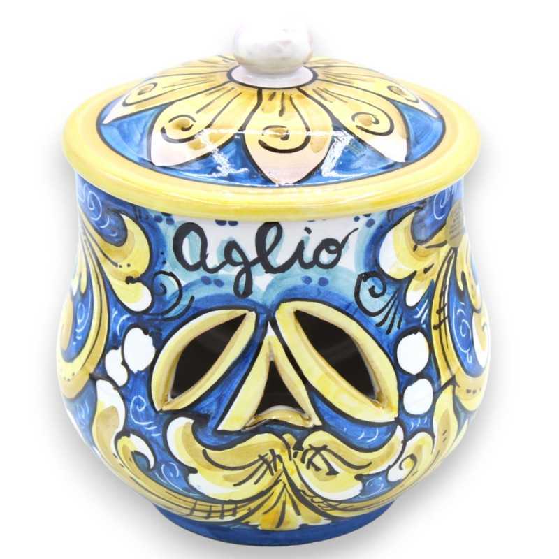 Porta Aglio o Cipolla in ceramica Caltagirone - h 18 e Ø 15 cm ca. decoro barocco su fondo blu - 
