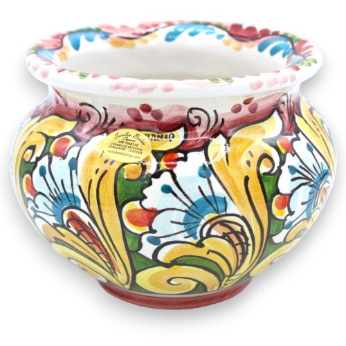 Maceta de cerámica Cachepot Caltagirone - Ø 15 cm aprox. Decoración barroca y floral sobre fondo burdeos - 
