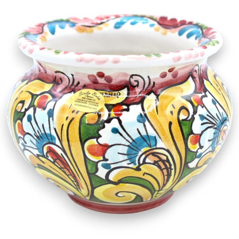 Cachepot Caltagirone keramische plantenpot - Ø 15 cm ca. Barok en florale decoratie op een bordeauxrode achtergrond - 