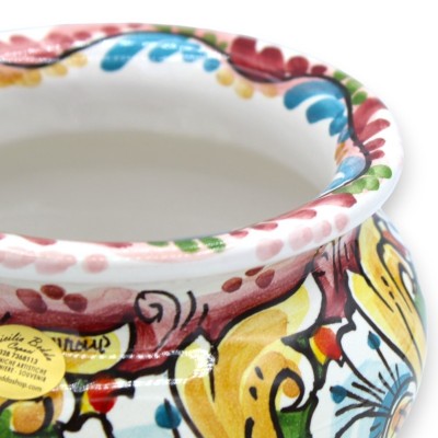 Cachepot Caltagirone keramisk växtkruka - Ø 15 cm ca. Barock- och blomdekor på vinröd bakgrund - 