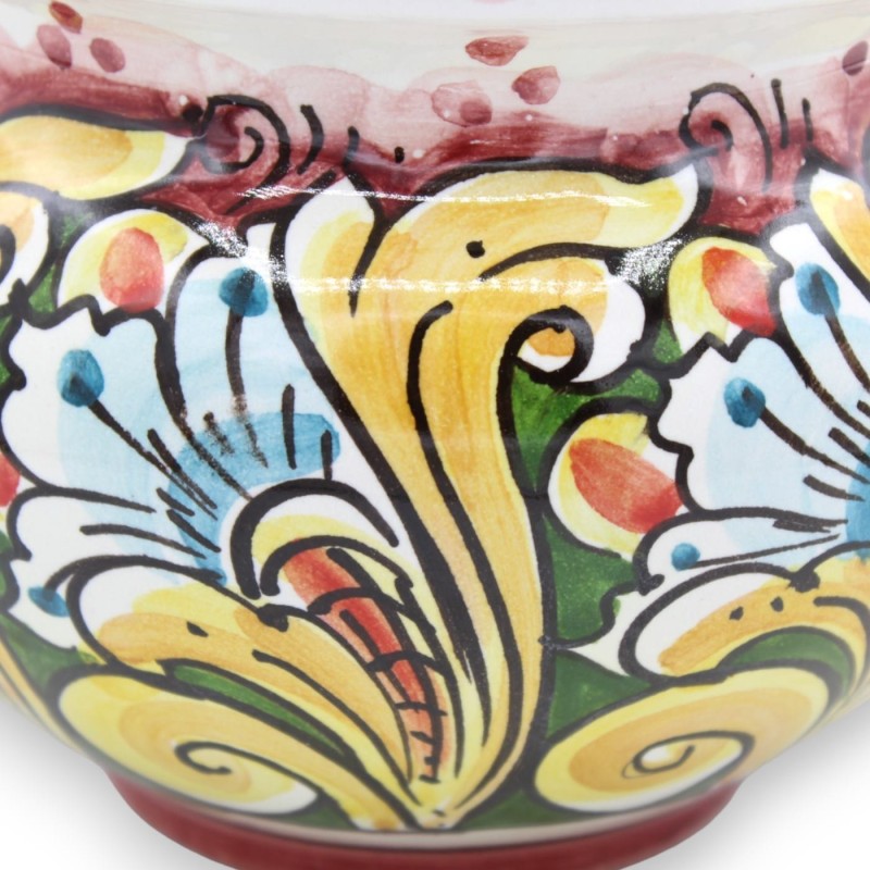 Cachepot Caltagirone keramische plantenpot - Ø 15 cm ca. Barok en florale decoratie op een bordeauxrode achtergrond - 