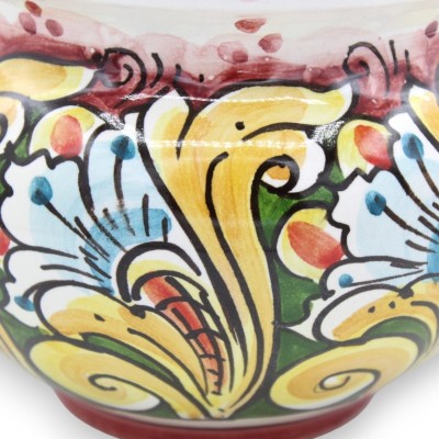 Cachepot Caltagirone keramisk växtkruka - Ø 15 cm ca. Barock- och blomdekor på vinröd bakgrund - 
