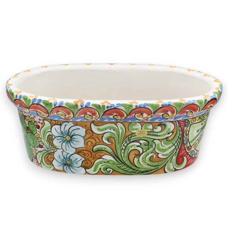Boîte vase ovale en céramique Caltagirone, L 40 x 22 x 17 cm environ. décoration baroque, grenades et roue de charrette 