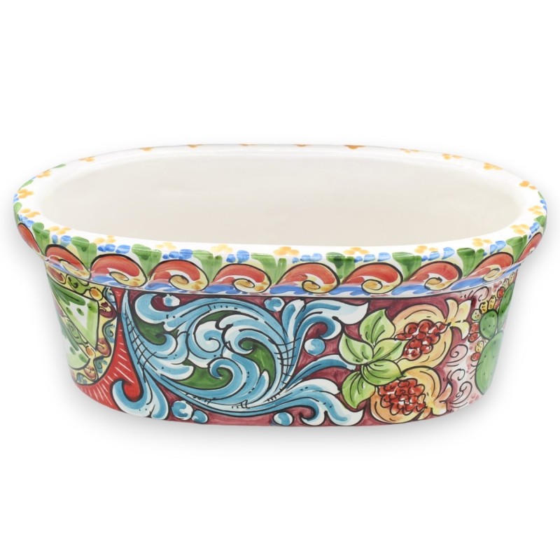 Boîte vase ovale en céramique Caltagirone, L 40 x 22 x 17 cm environ. décoration baroque, grenades et roue de charrette 