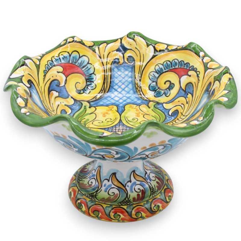 Alzata fruttiera smerlata Centrotavola ceramica Caltagirone, 2 opzioni misura (1pz) decoro barocco, centrino e limoni - 
