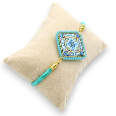 Armband met turquoise lavasteen tegel en aquamarijn stoffen koord - L 25cm ca. Stalen sluiting - 
