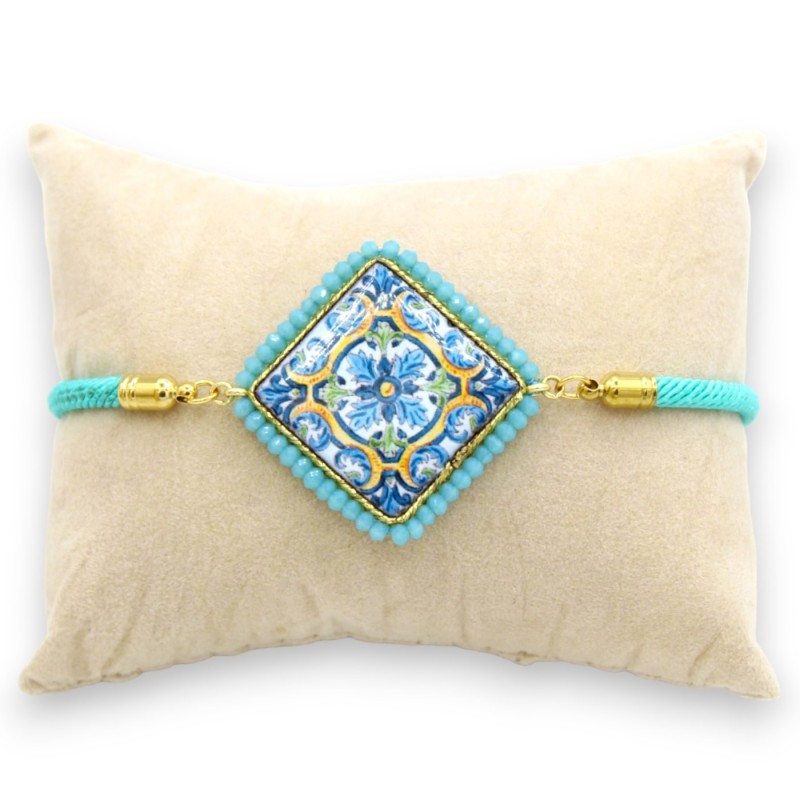 Pulsera con baldosa de piedra de lava turquesa y cordón de tela aguamarina - L 25cm aprox. Cierre de acero - 
