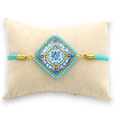 Pulsera con baldosa de piedra de lava turquesa y cordón de tela aguamarina - L 25cm aprox. Cierre de acero - 