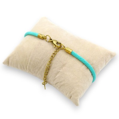Armband met turquoise lavasteen tegel en aquamarijn stoffen koord - L 25cm ca. Stalen sluiting - 
