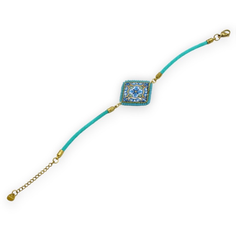 Pulsera con baldosa de piedra de lava turquesa y cordón de tela aguamarina - L 25cm aprox. Cierre de acero - 