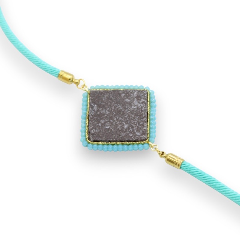 Pulsera con baldosa de piedra de lava turquesa y cordón de tela aguamarina - L 25cm aprox. Cierre de acero - 