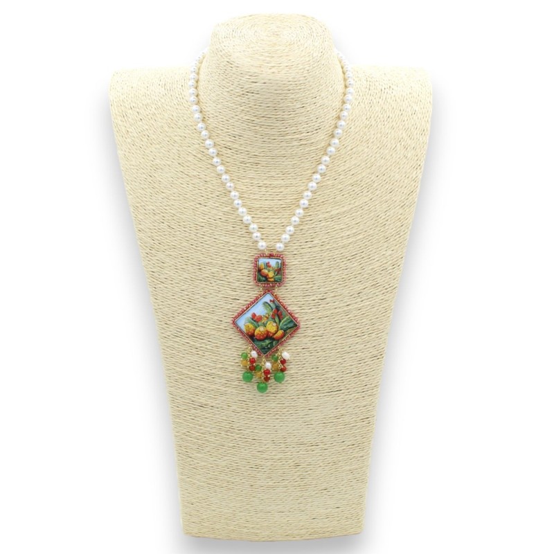 Collar L 62 + 9 cm aprox. con perlas naturales e inserciones de baldosas de piedra de lava y mayólica siciliana burdeos 