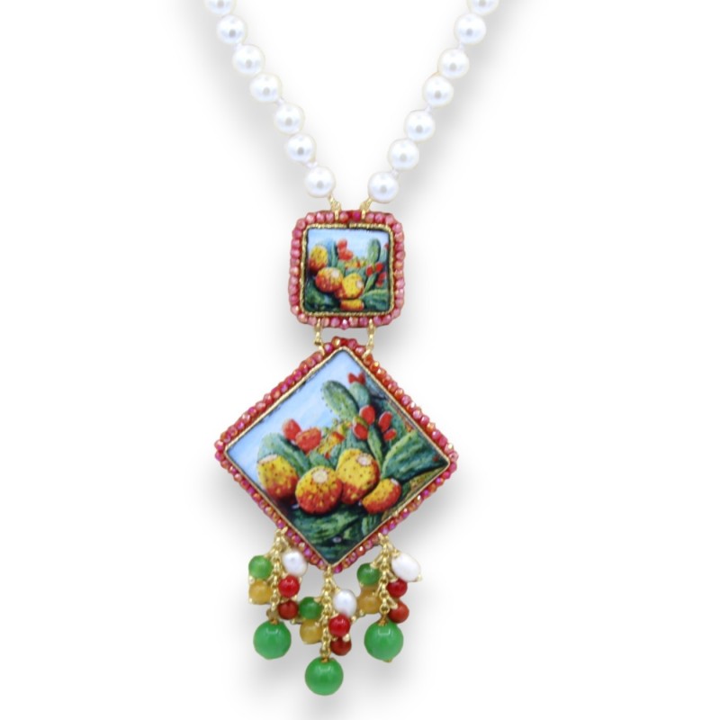 Collar L 62 + 9 cm aprox. con perlas naturales e inserciones de baldosas de piedra de lava y mayólica siciliana burdeos 