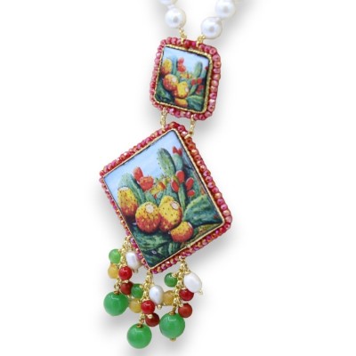 Collana con Perle naturali e inserti di mattonelline in pietra lavica e maioliche siciliane, L 65 + 9 cm ca. - 